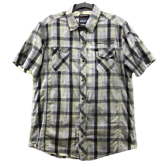 Projek Raw Gray Yellow Plaid Button Up Shirt Mens Medium M Short Sleeve - Picture 1 of 12